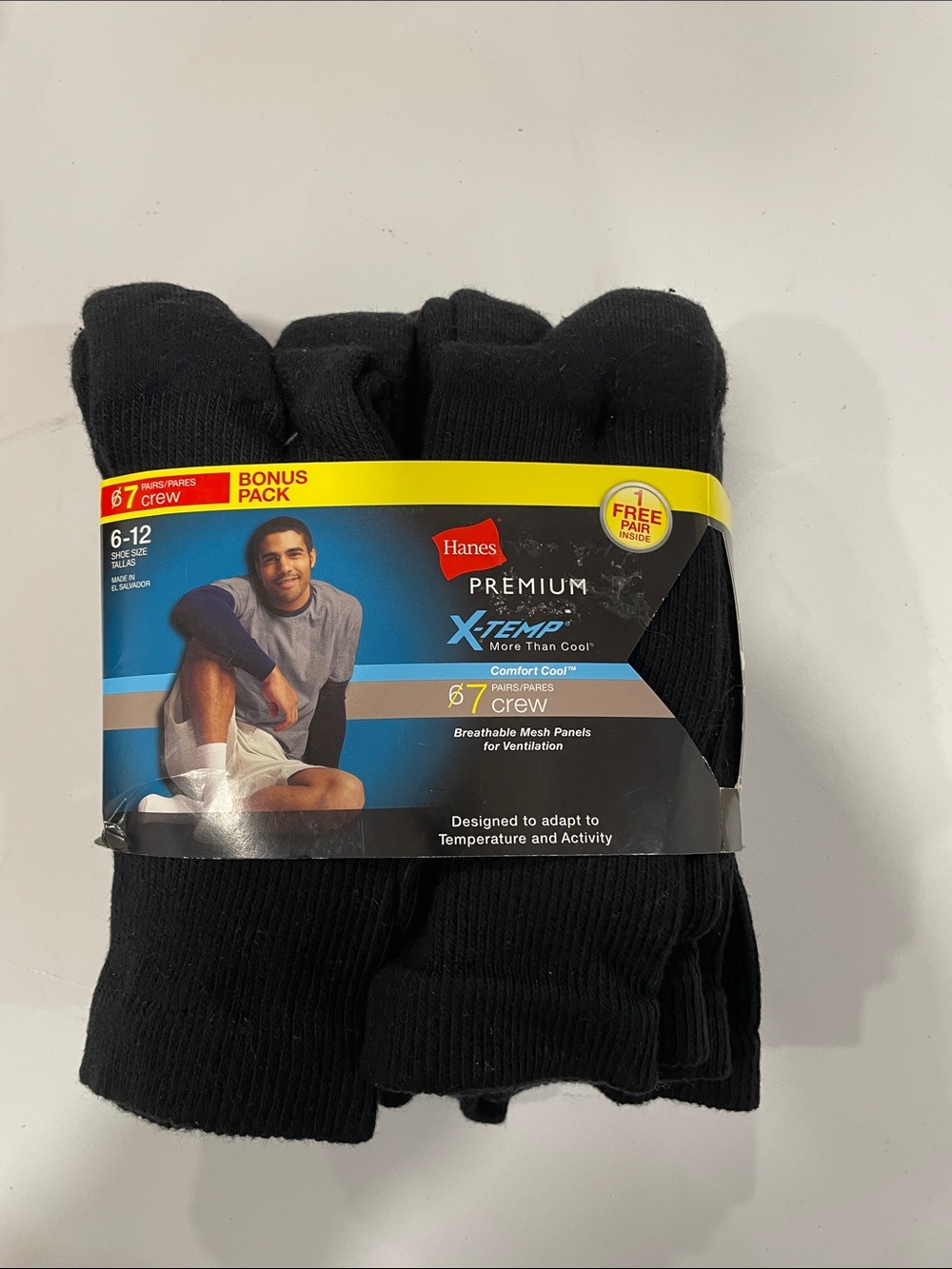 Hanes Premium X-temp black crew socks 6-12 7 pack new